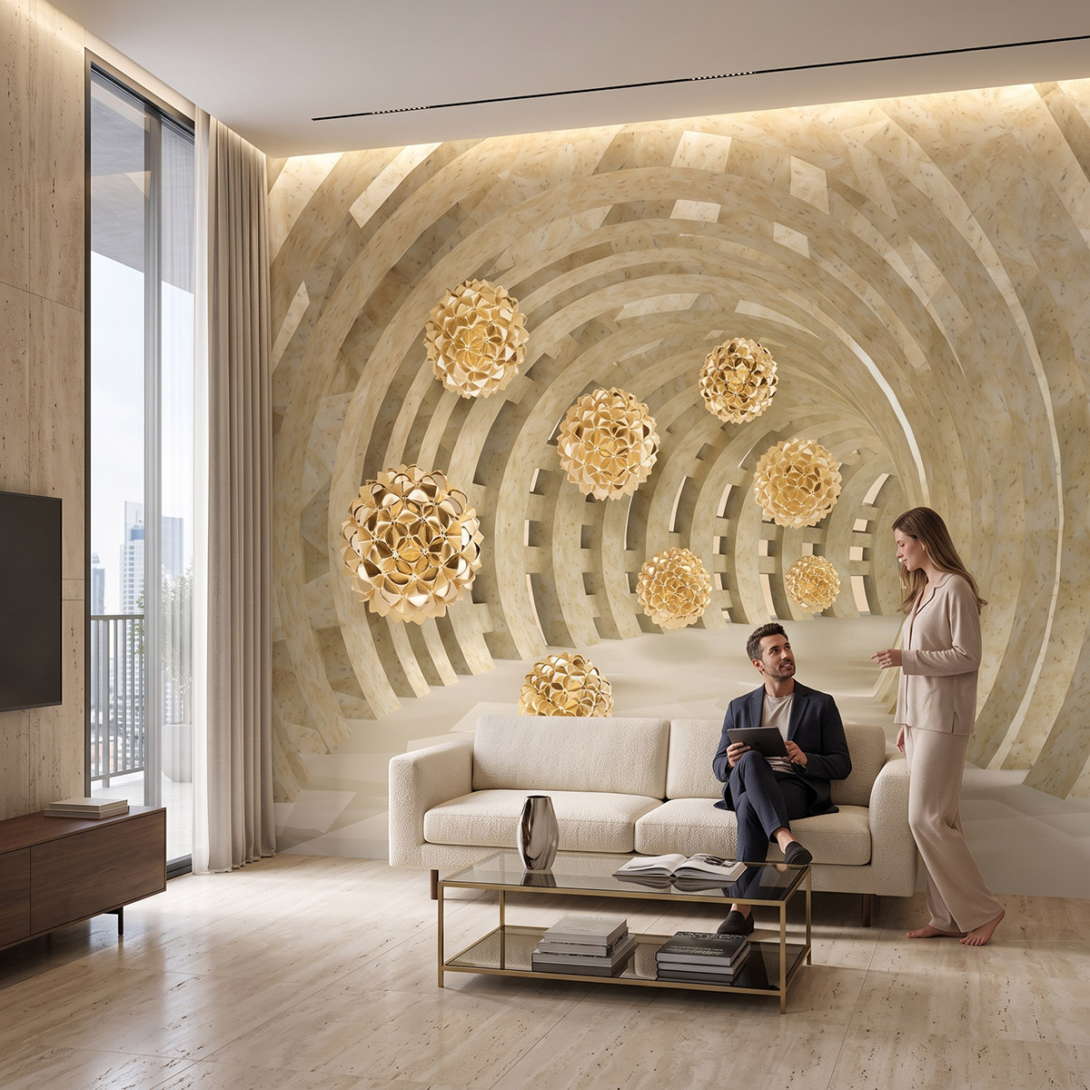 Tunel z latającymi kulami 3D w kolorze złota