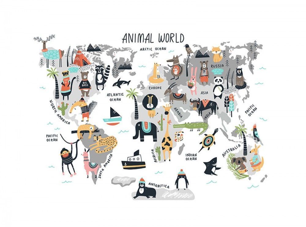Naklejka na meble Dziecięca mapa świata ze zwierzętami