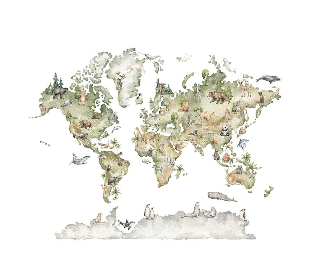 Fototapeta Mapa Świata ze zwierzętami
