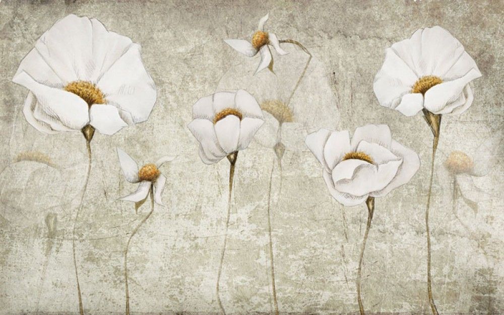  Białe kwiaty na tle betonowej ściany